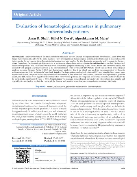 Evaluation of hematological parameters in pulmonary tuberculosis .